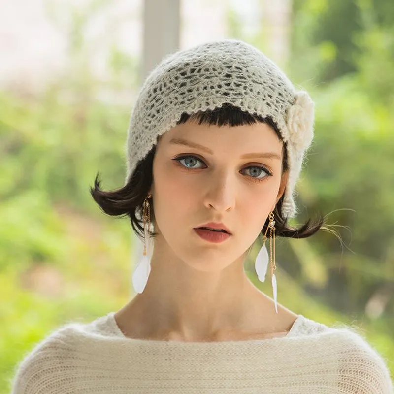 

Spring Autumn Leisure Beanie Hat Women Flowers Sweet Wool Ladies Skullies Caps Female Korean Fashion Knitted Beanies Cap H6776