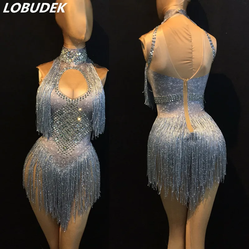 

Red Silver Blue Rose Tassels Glass Crystals Bodysuit Shining Rhinestones Sleeveless Bodysuits Sexy Female Nightclub DS Costume