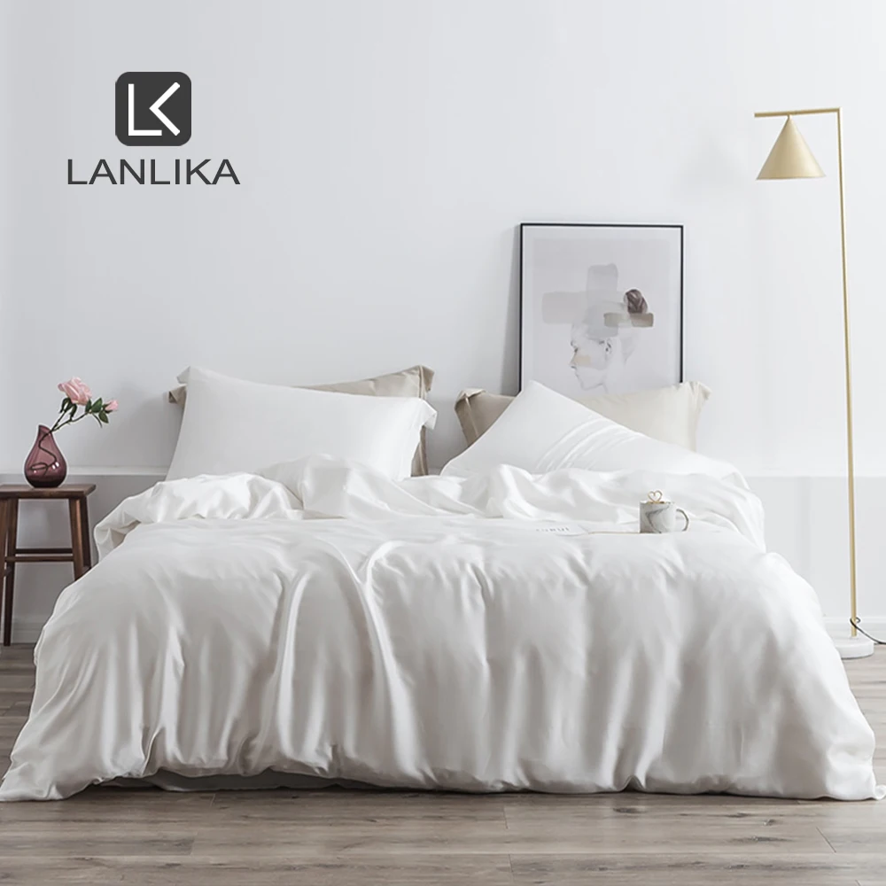 Lanlika Noble White 100% Silk Beauty Bedding Set Silk Healthy Duvet Cover Double Queen King Flat Sheet Bed Linen Home Textile