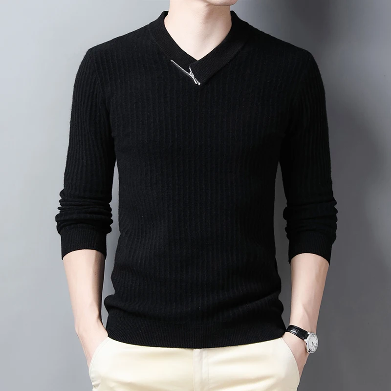 Male Zipper Cashmere Jumpers Autumn Winter Casual 100% Wool Sweater Long Sleeve Men Pure Wool Knitwear Pullovers