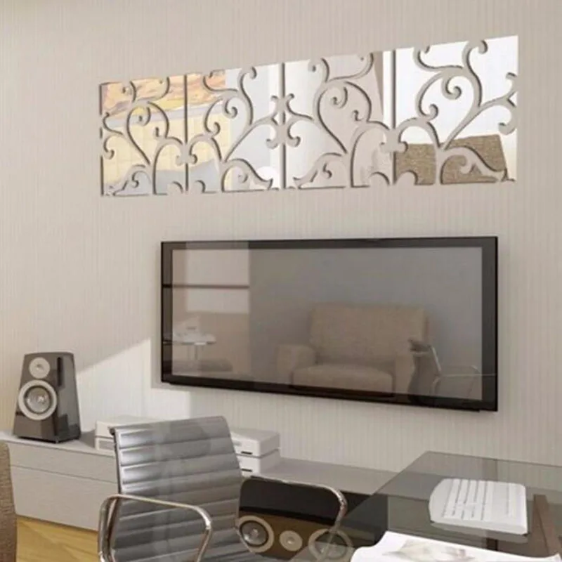 4pcs/set Acrylic Floral Mirror Wall Sitkcer Square Stickers Wall Decoration for Household Living Room Bathroom Supply