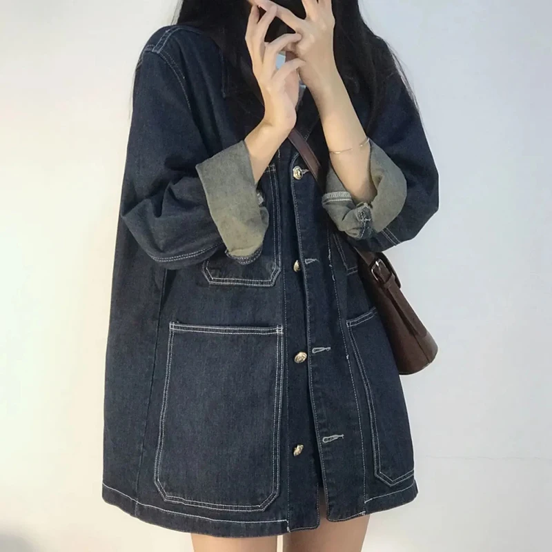 Plus Size 5XL Solid Color Loose Women Jean Jackets Autumn Vintage Versatile Female Denim Coat Big Pockets Midi Cowboy Outerwear