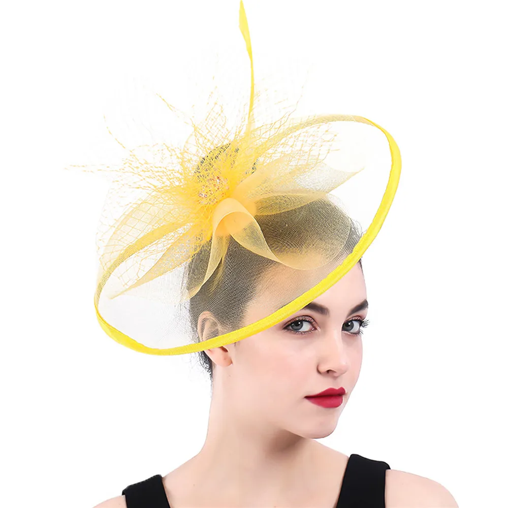 Women Yellow Summer Headwear Classic Feather Big Hats Ladies Fascinator kenducky Derby Race Bridal Headdress Wedding Accessories