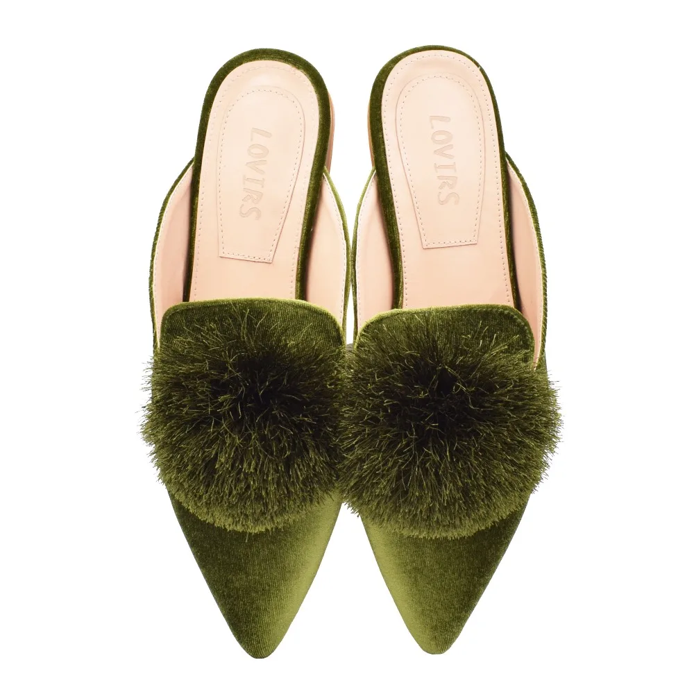 Lovirs Mules for Women Puff Pom poms Slip On Loafers Backless Green Mule Pointed Toe Velvet Mule Slides Slippers Shoes