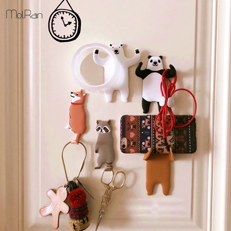 1pcs Storage Hook Free Nail Single Wall Hooks Silicone Animal Fridge Reuse key holder wall Decorations Recycle Home Decor