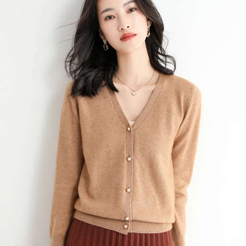 New Style Spring Autumn Cashmere Wool Women Sweater Casual Knit V-Neck Cardigan Warm Soft Wild High Quality Solid Color