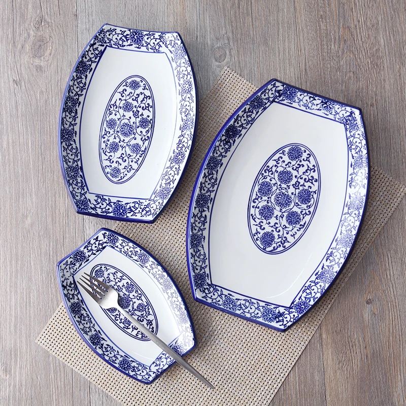 8/10/12 inch Chinese Blue and White Porcelain Ceramic Dinner Plates Hotel Food Plate Fish Dish Fruit Vegetable Salad Plates Tray