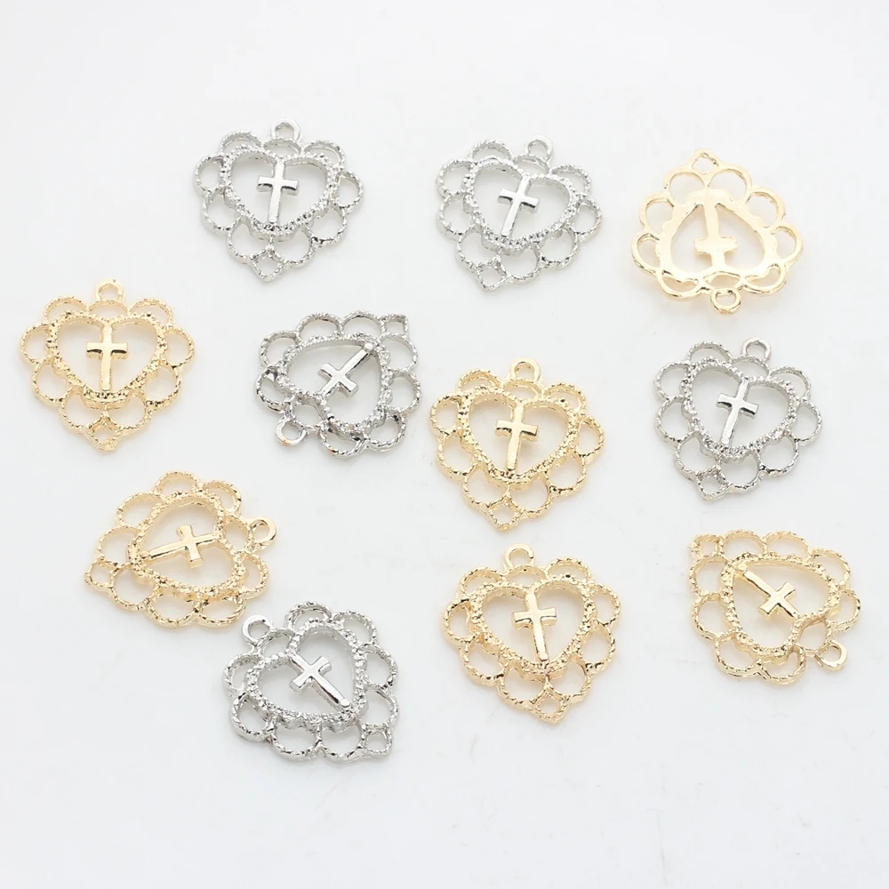 20mm 10pcs/lot Zinc Alloy  Hollow Sweet Heart Cross Religious Lace Charms For DIY Jewelry Making Earrings Accessories - Image 2