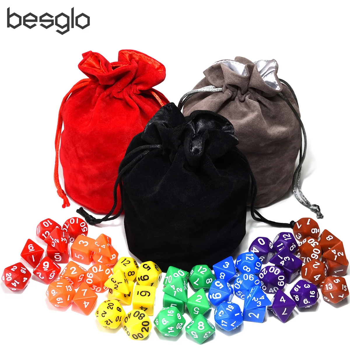 Rainbow Colorful Series Bundle of Dice with 1pcs Big Drawstring Pouch for RPG Board Games D4 D6 D8 D10 D% D12 D20