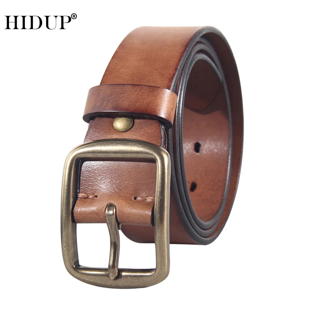 HIDUP Top Quality Solid Cowhide Leather Belt Retro Casual Styles Brass Pin Buckle Metal Belts for Men Jeans Accessories NWJ939