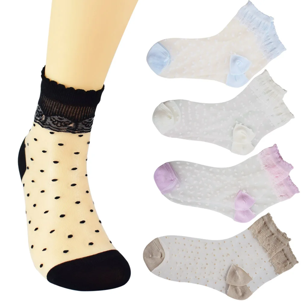 Womens 5 Pairs Ultrathin Transparent White Purple Nude Black Cotton Dot Lace Elastic Short Socks C1S9