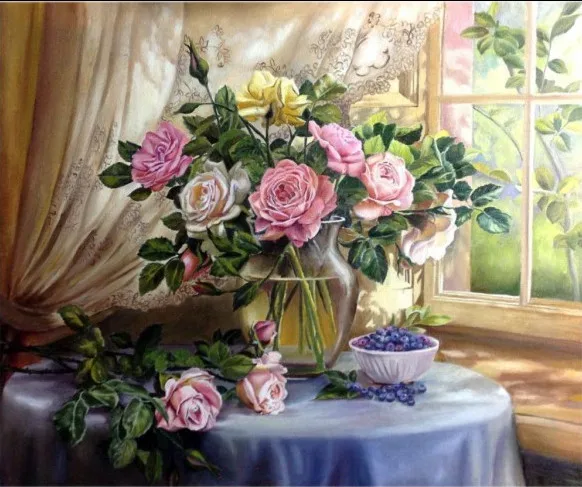 

Plants, flowers Still Life with Roses Needlework, Sea view Cross stitch kits Stylish for Embroidery,Patterns 14CT DIY Handmade