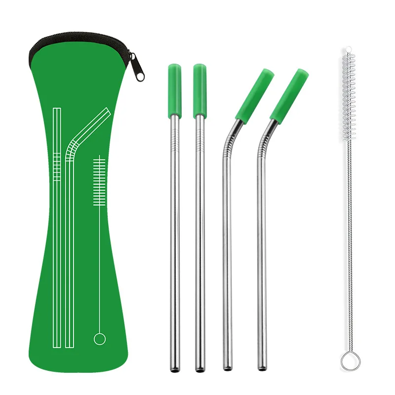 4 PCS/Lot Colorful Reusable Drinking Straw 304 Stainless Steel Metal Sturdy Bent Straight Drinks Straw with Cleaner Brush