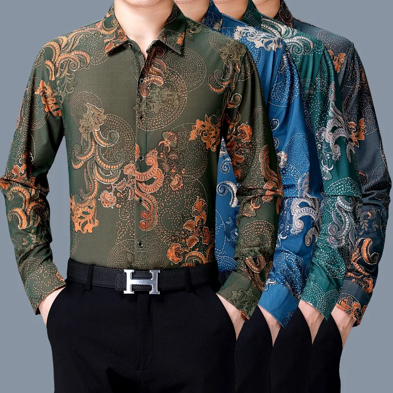 

New Male Fashion Printing Dress Shirt Long Sleeve Floral Printed Clothes Free Shipping