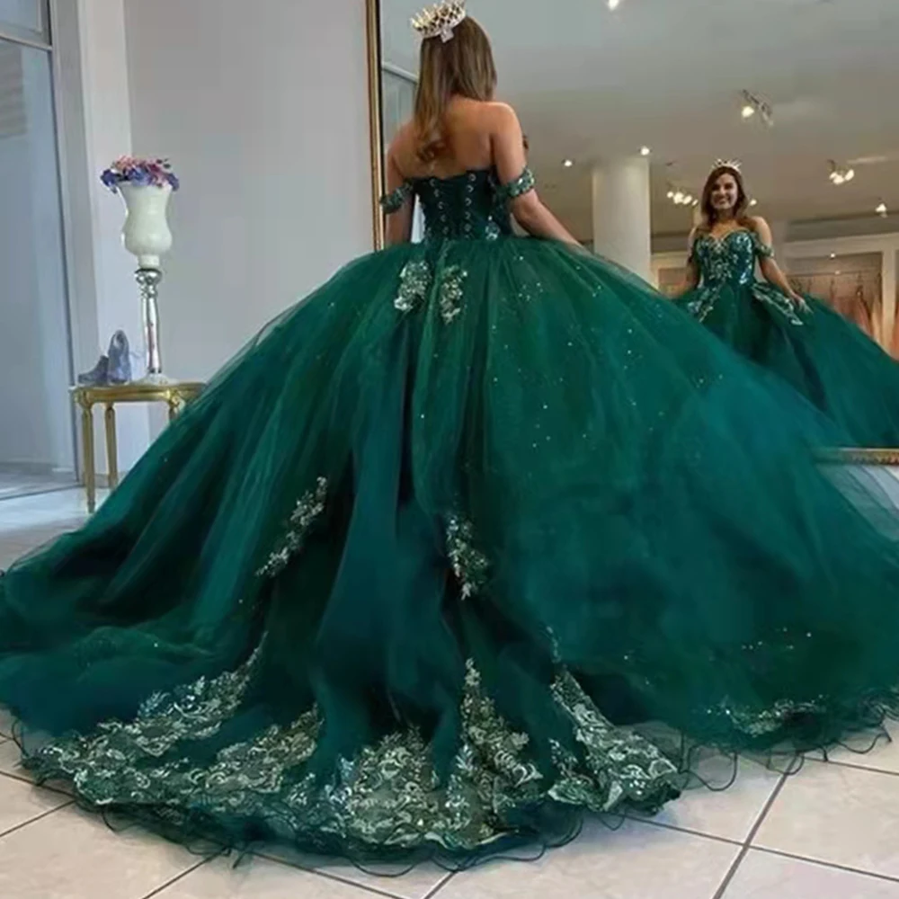 Vestidos elegantes de encaje de tul verde profundo, vestidos de quinceañera de cristal con hombros descubiertos, vestidos de fiesta de noche con cordones, vestidos personalizados