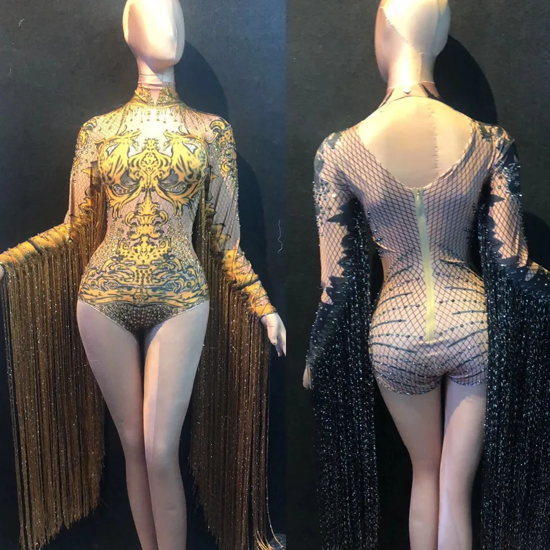 Fashion Print Long Tassel Rhinestone Bodysuits Women Stretch Skinny Fringes Sleeve Stage Jumpsuit Dancer Singer Performance Wear