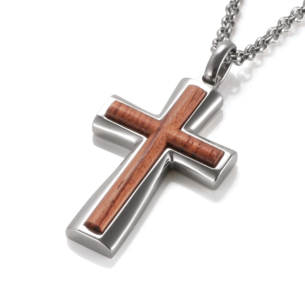 Mens Stainless Steel with Rose Wood Cross Pendant Necklace Classic for Man Men's Jewelry Christ Faith Prayer Jewelry