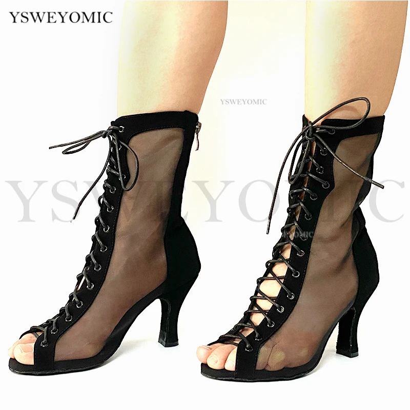 Latin Dance Shoes For Women Girls New Dance Boots Unique Design Salsa Party Dance Shoes Net Dance Sandals in High Heel 3inch