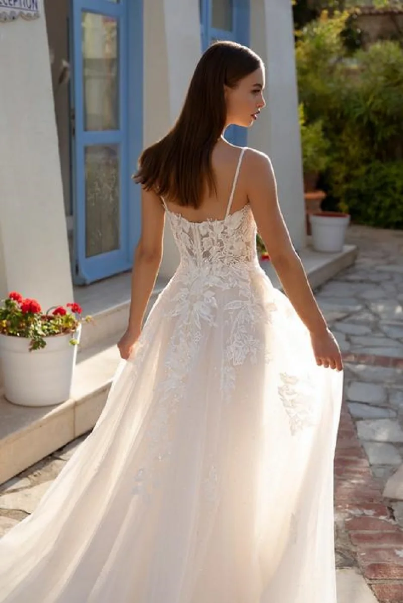 DREAM-Robe de mariée en tulle vintage personnalisée, bretelles spaghetti élégantes, appliques en dentelle chérie, perles, robe de mariée de plage, 2025