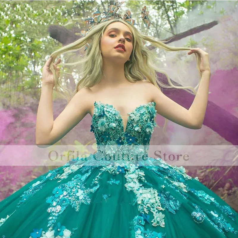 럭셔리 그린 Quinceanera 드레스 Appliques 레이스 Sweetheart 비즈 스위트 16 파티 파티 가운 vestidos de 15 años