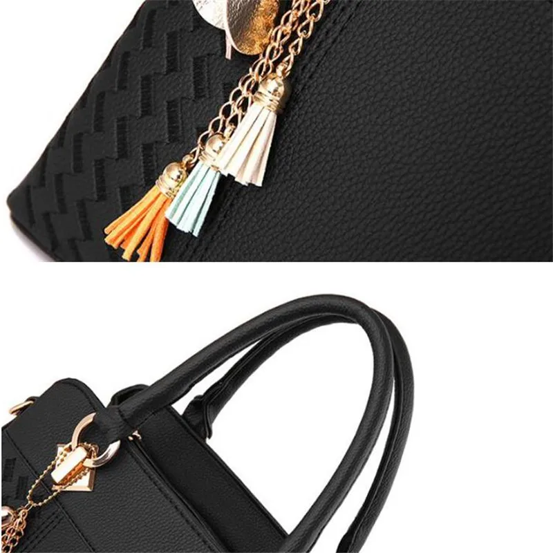 Fashion Black Lady Simple Hand Bags Women Handbags Tassel PU Leather Totes Bag Top-Handle Embroidery Crossbody Bag Shoulder Bag image 6