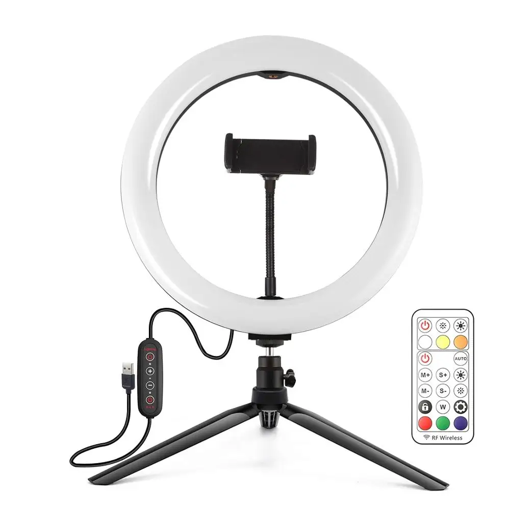 PULUZ 10inch 26cm Marquee LED RGBWW Ring Light+Desktop Tripod Mount Dimmable Ring Vlog Photography Video Lights Live Broadcast