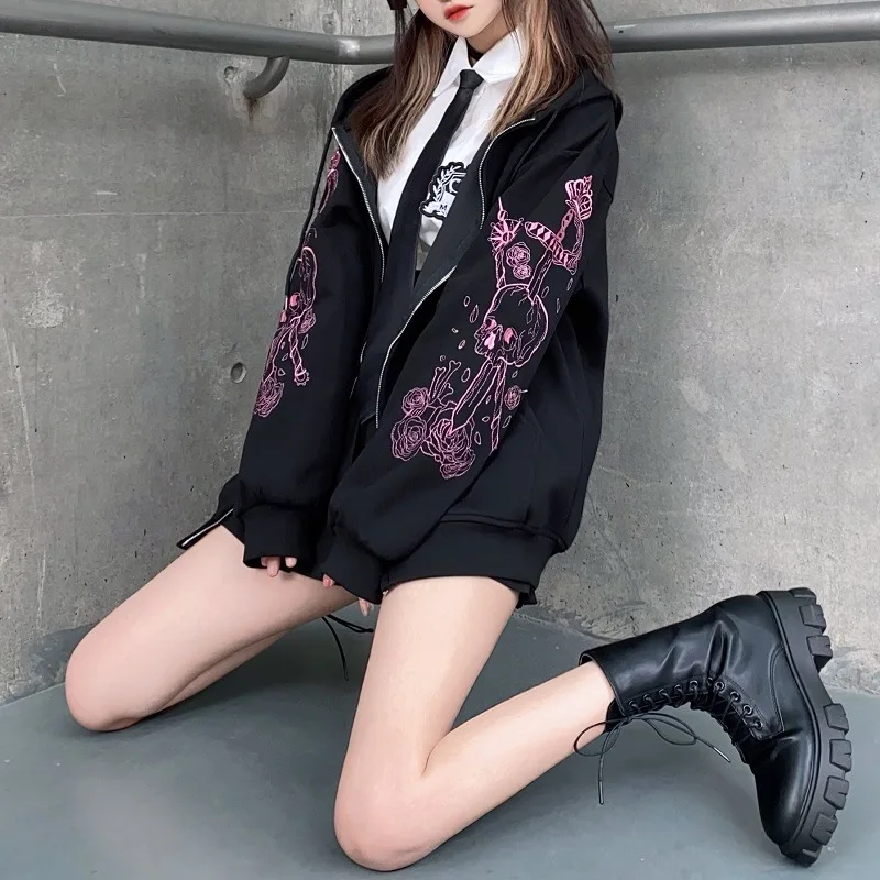 Harajuku Zip Up Hoodies Women Punk Goth Long Sleeve Printed Sweatshirt Autumn Streetwear Oversized Black Female Hoodie Jacket