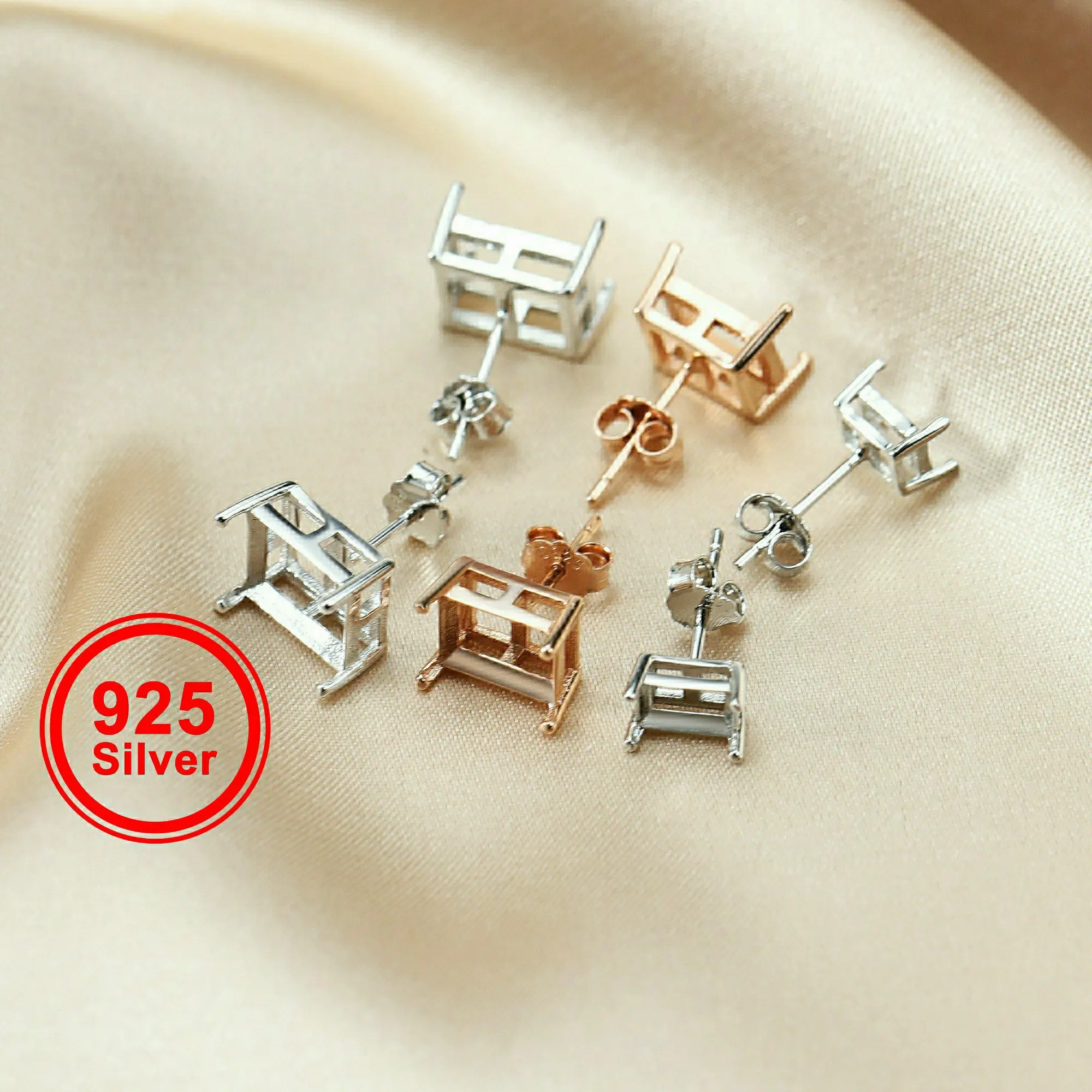 Prong Bezel Rose Gold Plated Solid 925 Sterling Silver Studs Earrings Blank Settings for Gemstone Moissanite 1706043