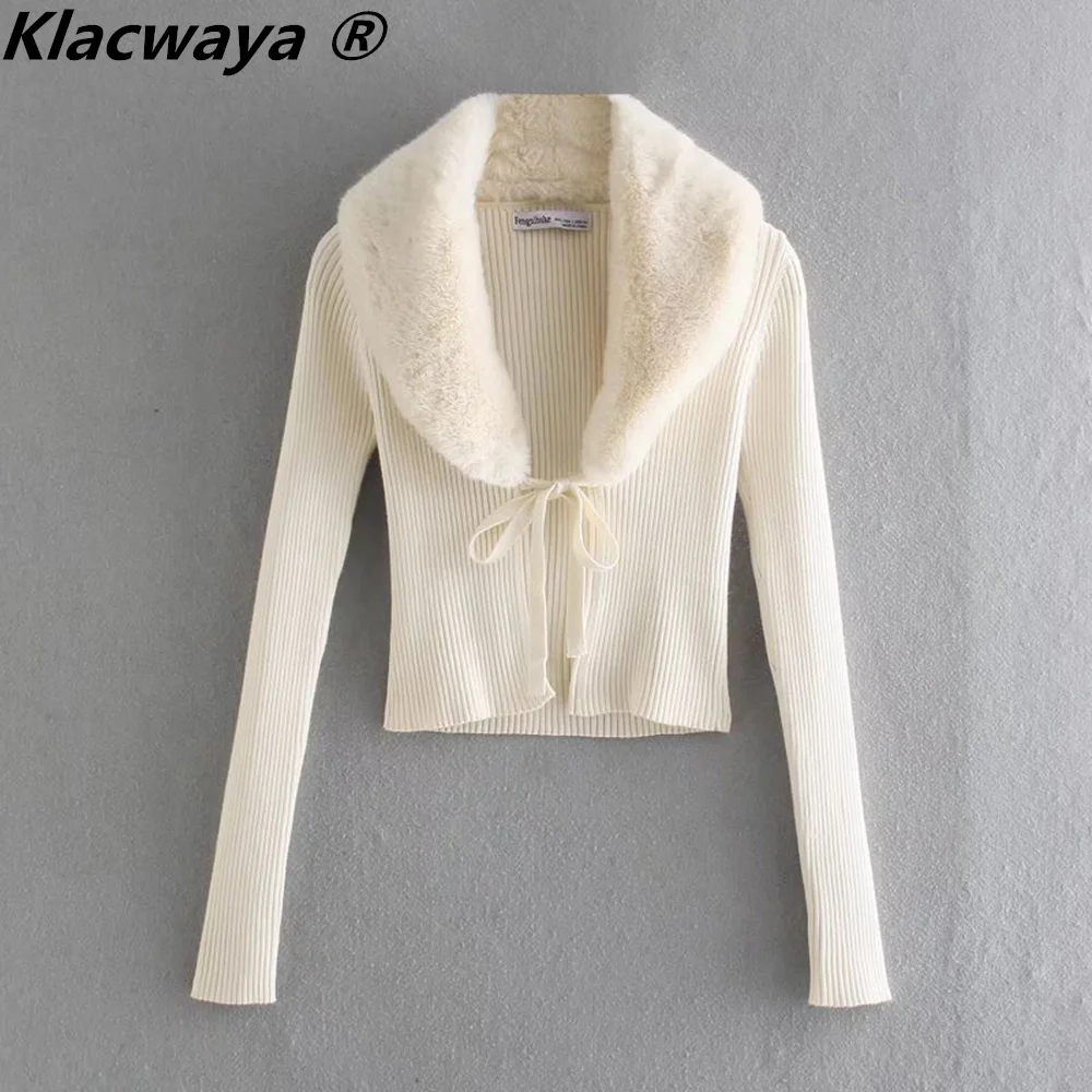 Klacwaya Cardigans For Women 2021 Vintage Faux Fur Effect Fur Collar Knitted Sweater Long Sleeve Top Blue Sweater Knit Cardigan