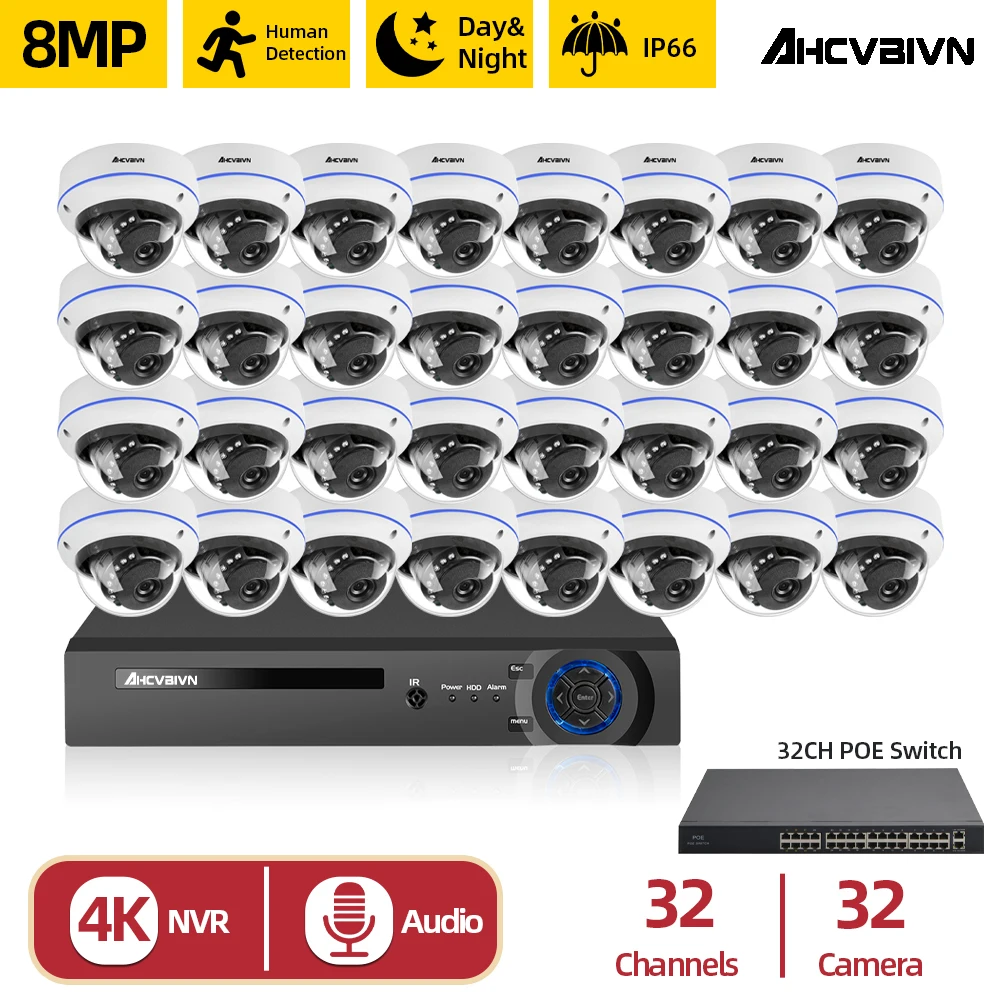 AHCVBIVN H.265+ 32CH 4K HD NVR With 48V POE 8MP security indoor outdoor Audio IP Dome Camera Video Surveillance System