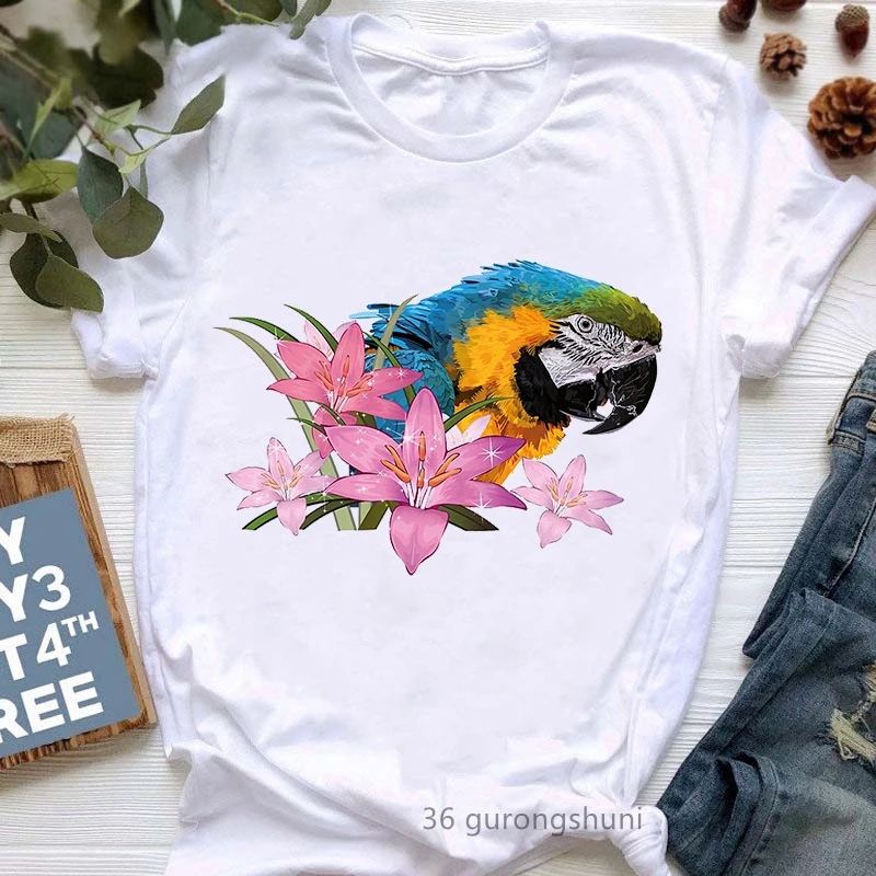 Cockatiel Parrot Love Ice Cream Graphic Print T-Shirt Women\'S Clothing Funny White Tshirt Femme Harajuku Kawaii Clothes Tops