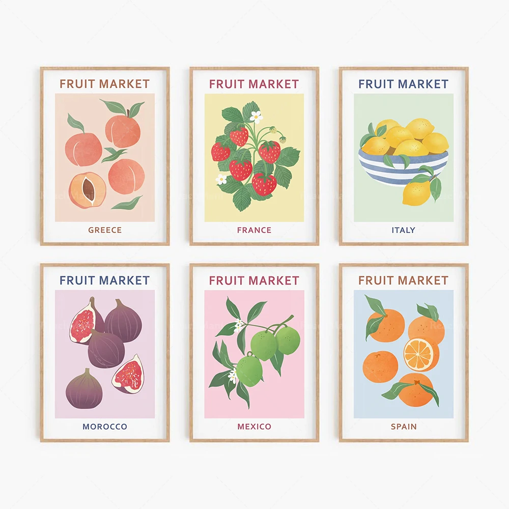 

Fruit market printing set 6 pieces, peach lemon orange fruit market poster, color wall art, plant gallery wall decoration poster