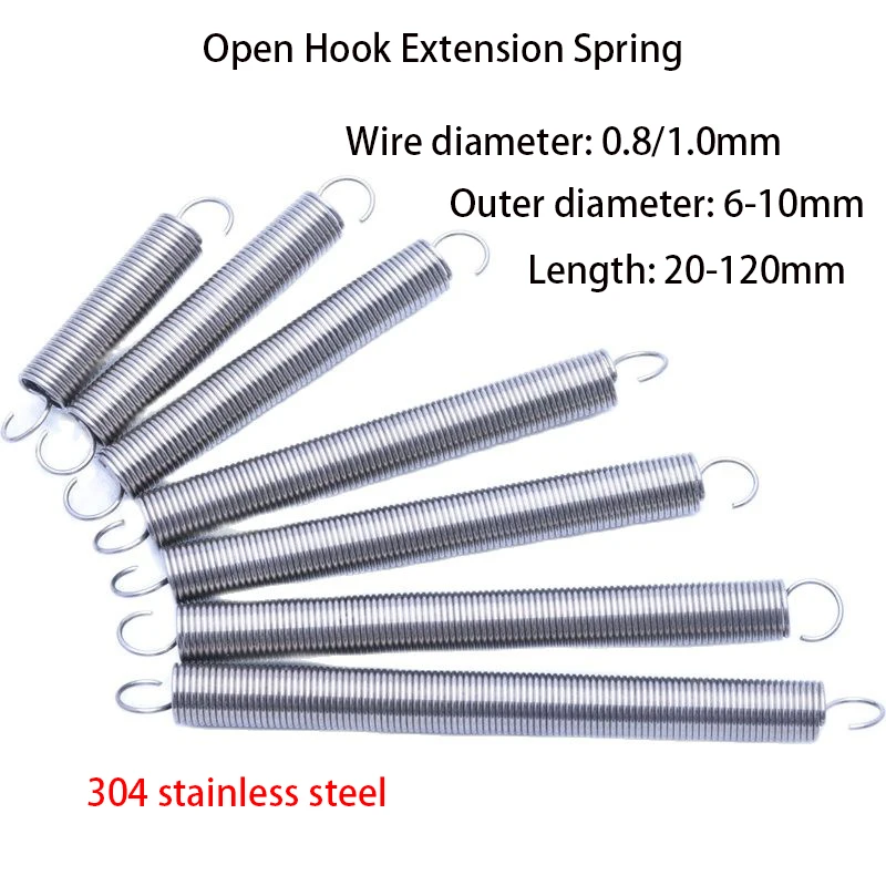 S Hook 304 Stainless Steel Tension Spring Extension Coil Spring Pullback Spring Wire Diameter0.8/1.0mm Outer Diameter 6-10m