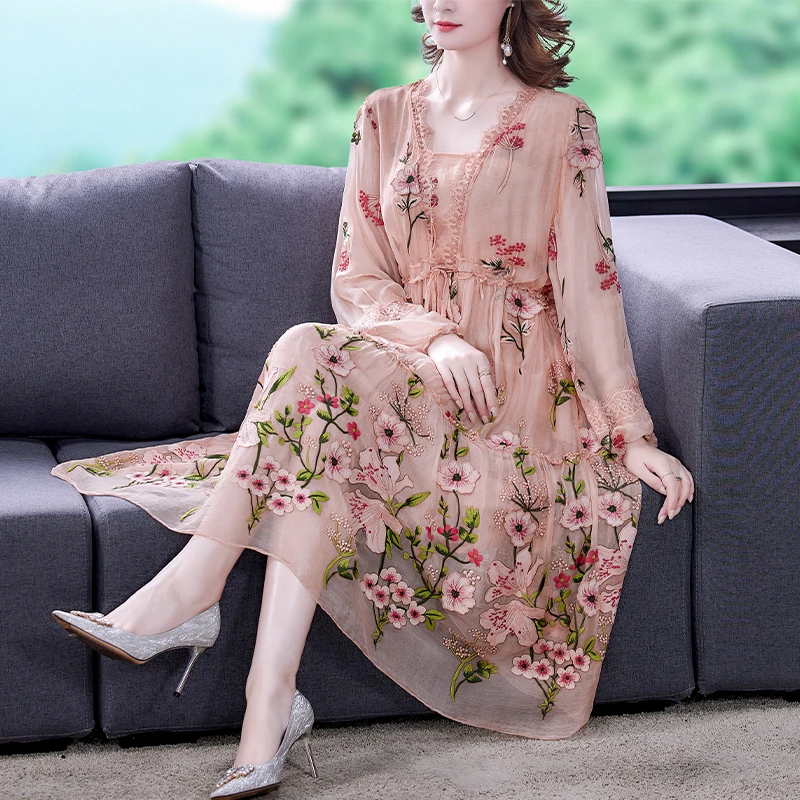 ZUOMAN New 2024 Fashion Runway Summer Dress Women's Flare Sleeve Floral Embroidery Elegant Mesh Hollow Out Midi Dresses