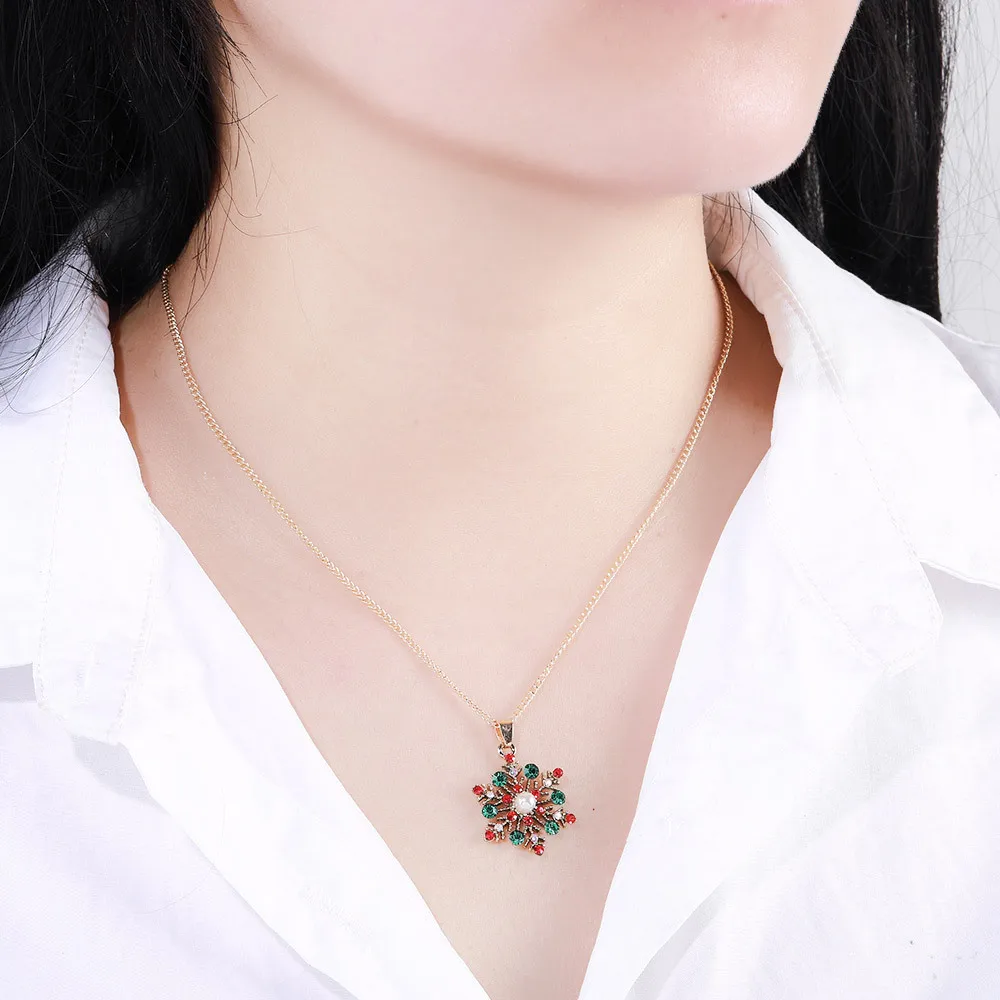 Christmas Snowflake Pendant Earring With Color Gemstone Necklace For Women Girl Alloy Chain Jewelry Christmas Gifts Wholesale