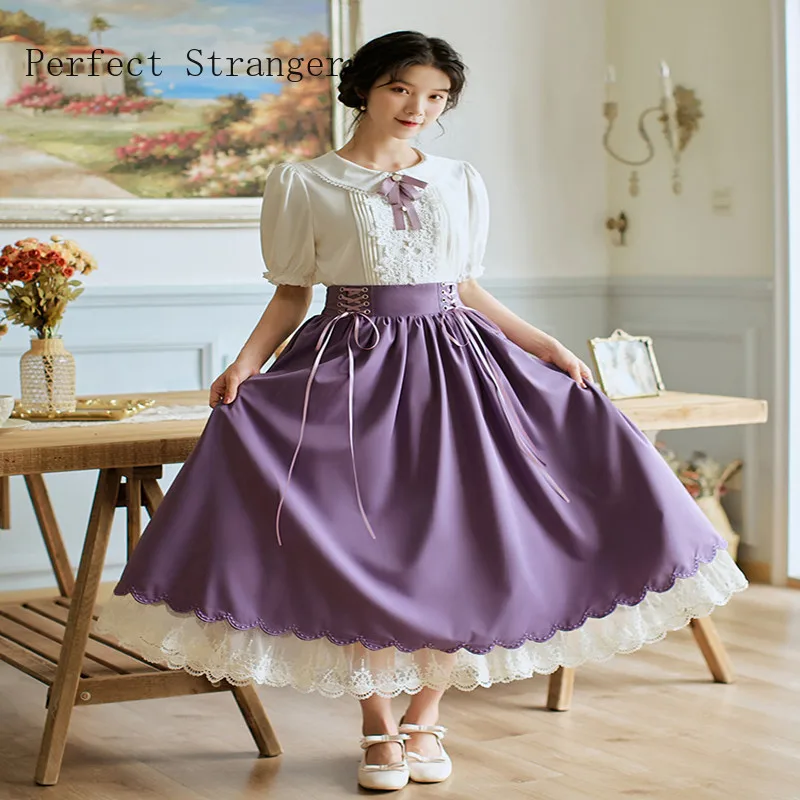 2021 Summer New Arrival Retro Peter Pan Collar Puff Sleeve Lace Embroidery Blouse +Long Skirt   Woman Dress Suits