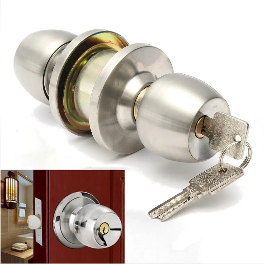 Stainless Steel Round Door Knobs Handle Entrance Interior Passage Lock Entry with Key