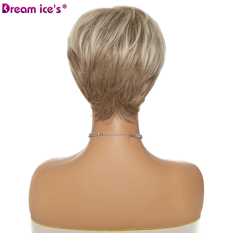 Short Mixed Blonde Brown Straight Wave Synthetic Wig With Bangs For Women Natural Wave Pixie Cut Heat Resistant Fiber Daily Wigs