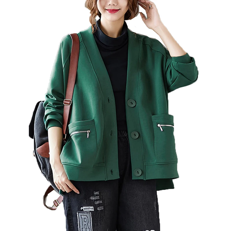 

Casual Women's Coat Jacket 2023 New Spring Autumn Short V-Neck Single-Breasted Loose Green Black Outerwear Hoodie Female Tops