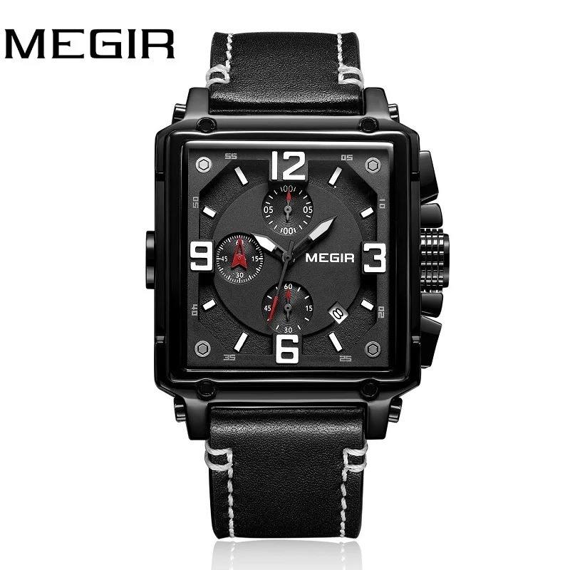 MEGIR Luxury Brand 2018 New Design Square Rose Gold Watches Men Quartz Leather Band Casual Sport Wristwatch relogio masculino