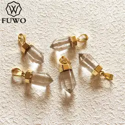 FUWO Wholesale Natural Clear Quartz Point Pendants,Golden Plated Bullet Shape Crystal Accessories For Jewelry Make 5Pc/Lot PD004