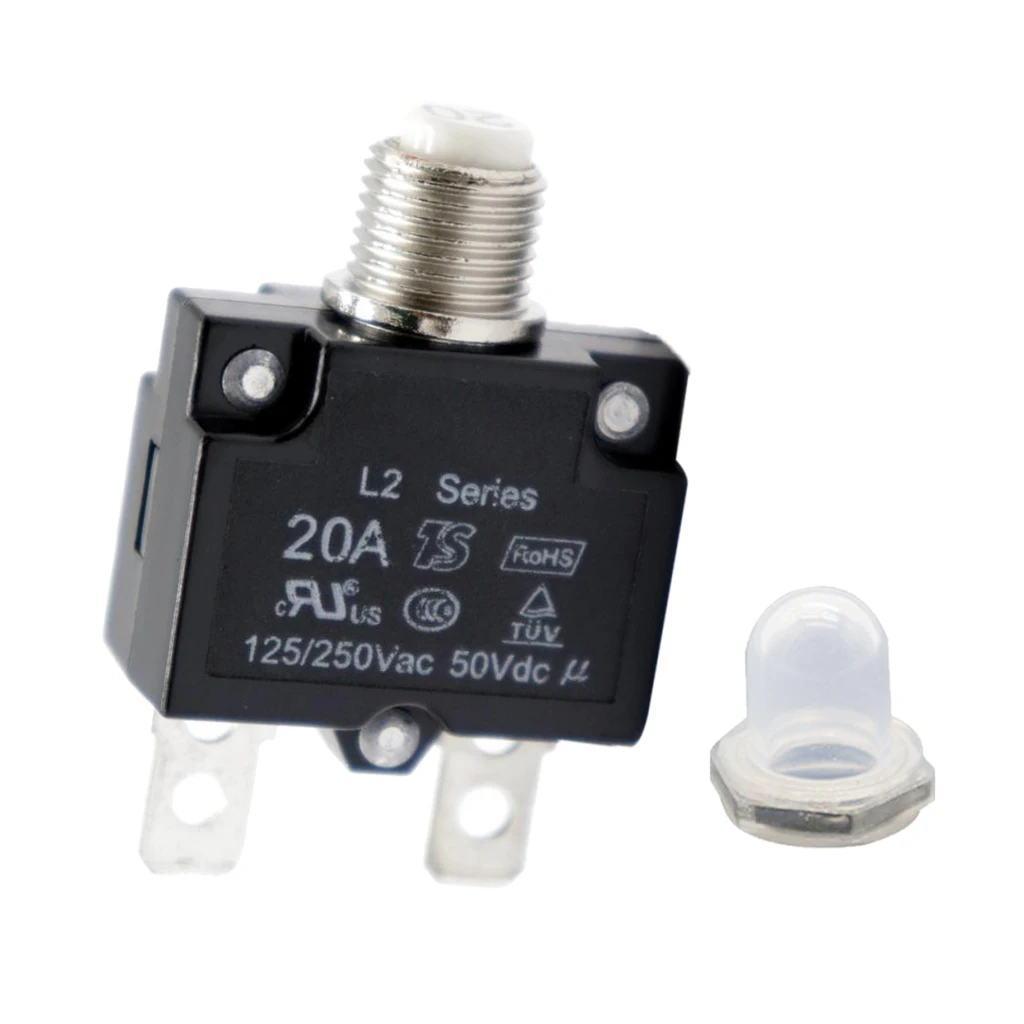 20A Push Button Reset Circuit Breaker, DC 50V AC 125/250V Thermal Overload Protector with Transparent Waterproof Button Cap