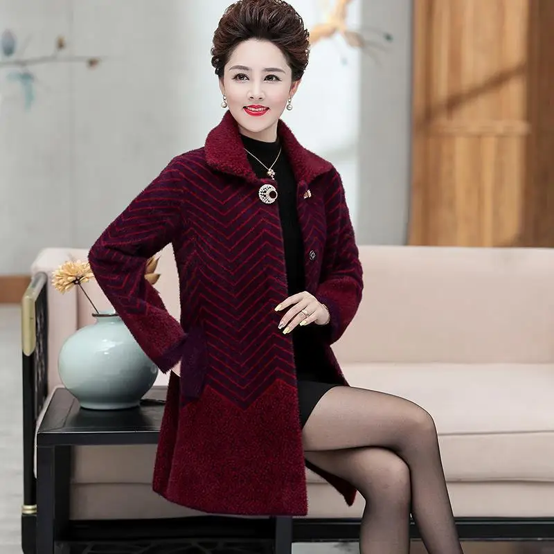 Female Middle-aged Elderly 2021 Autumn Winter New Thick Coat Women\'s Mid-length Western Style Loose Mink Fleece Jacket Women C39