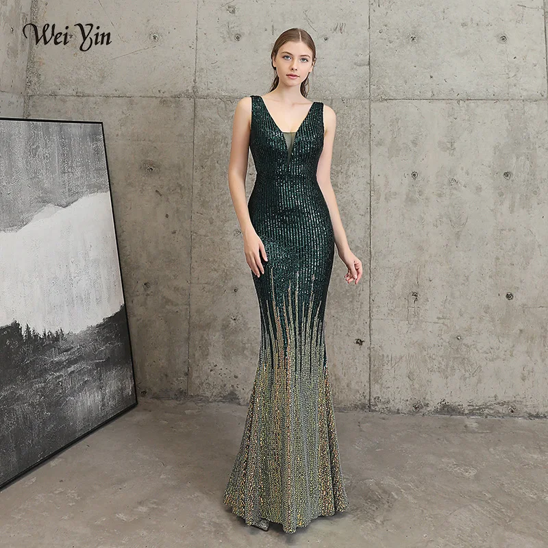 

wei yin AE0344 Robe De Soiree 2020 Sparkle Gorgeous Green Evening Dresses Long V N eck Mermaid Sexy Sequin Elegant Evening Gowns