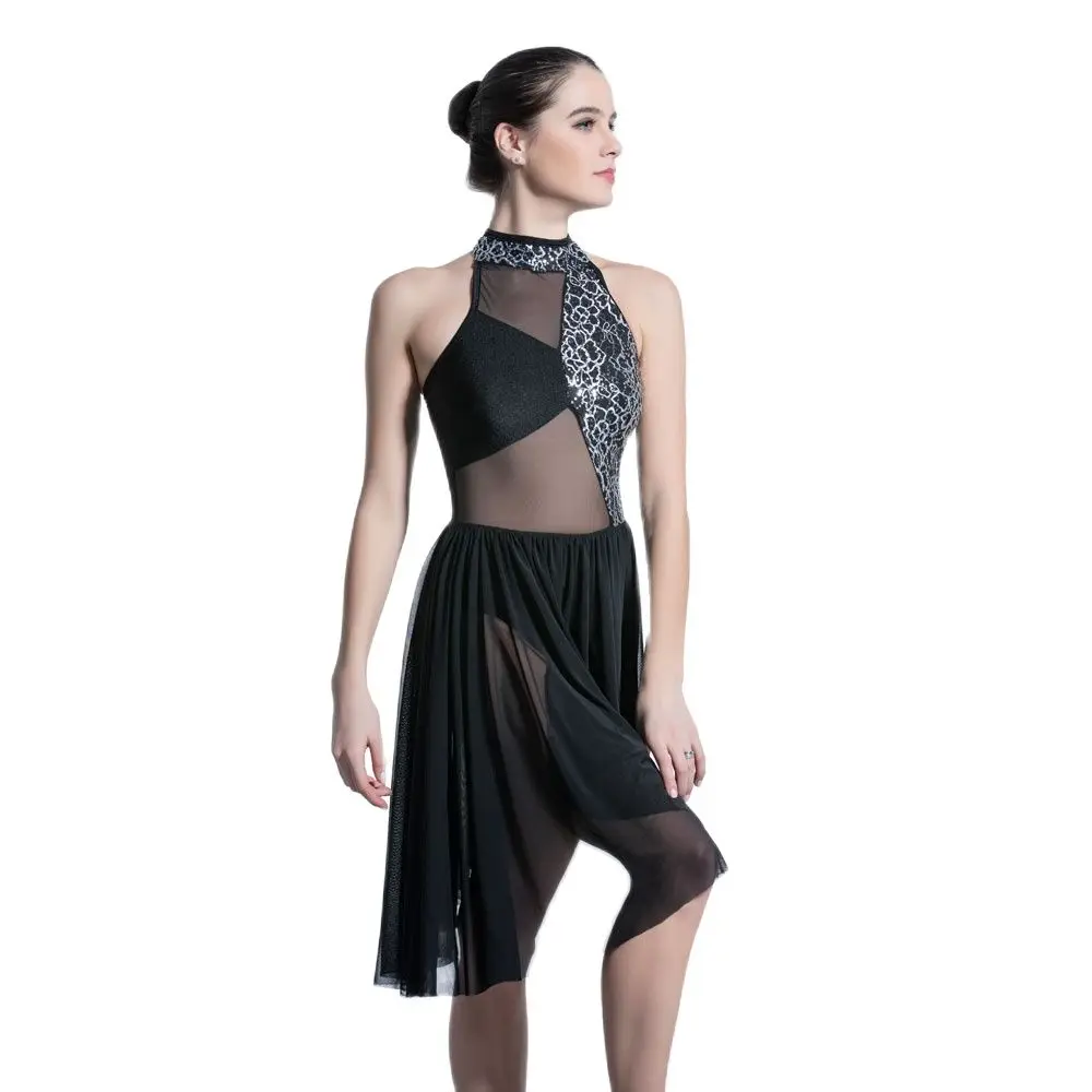 

Top Quality Black Sequin Lace and Mesh Ballet, Lyrical Dress for Girls and Women Contemporary Dance Costumes 19611