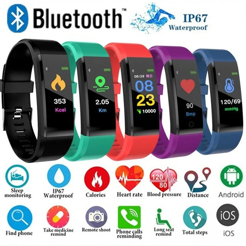 115 Plus Smart Watch Heart Rate Monitor Smart Wristband Fitness Tracker Bracelet IP65 Waterproof Wristwatch men women