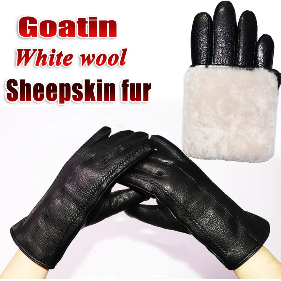 Goat Skin Gloves Women\'s Genuine Leather Wool Gloves Buckskin Texture Sheepskin Gloves Winter Cold Warm Thickened Fur Gloves