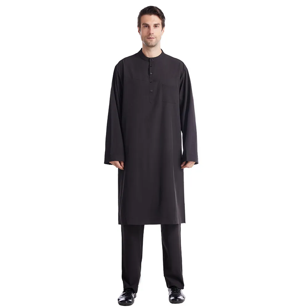 Muslim Men Jubba Thobe Arabic Islamic Long Dress Saudi Arab Robe Abaya Dubai Kaftan Long Shirts Pants 2PCS Suits Middle East