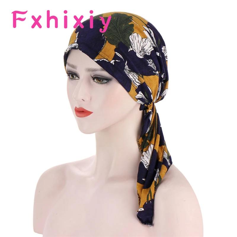 Bohemia Muslim Long Tail Headwear Turban Elastic Cotton Head Scarf Chemo Hat Turban Pre-Tied Flowers Printed Headwear