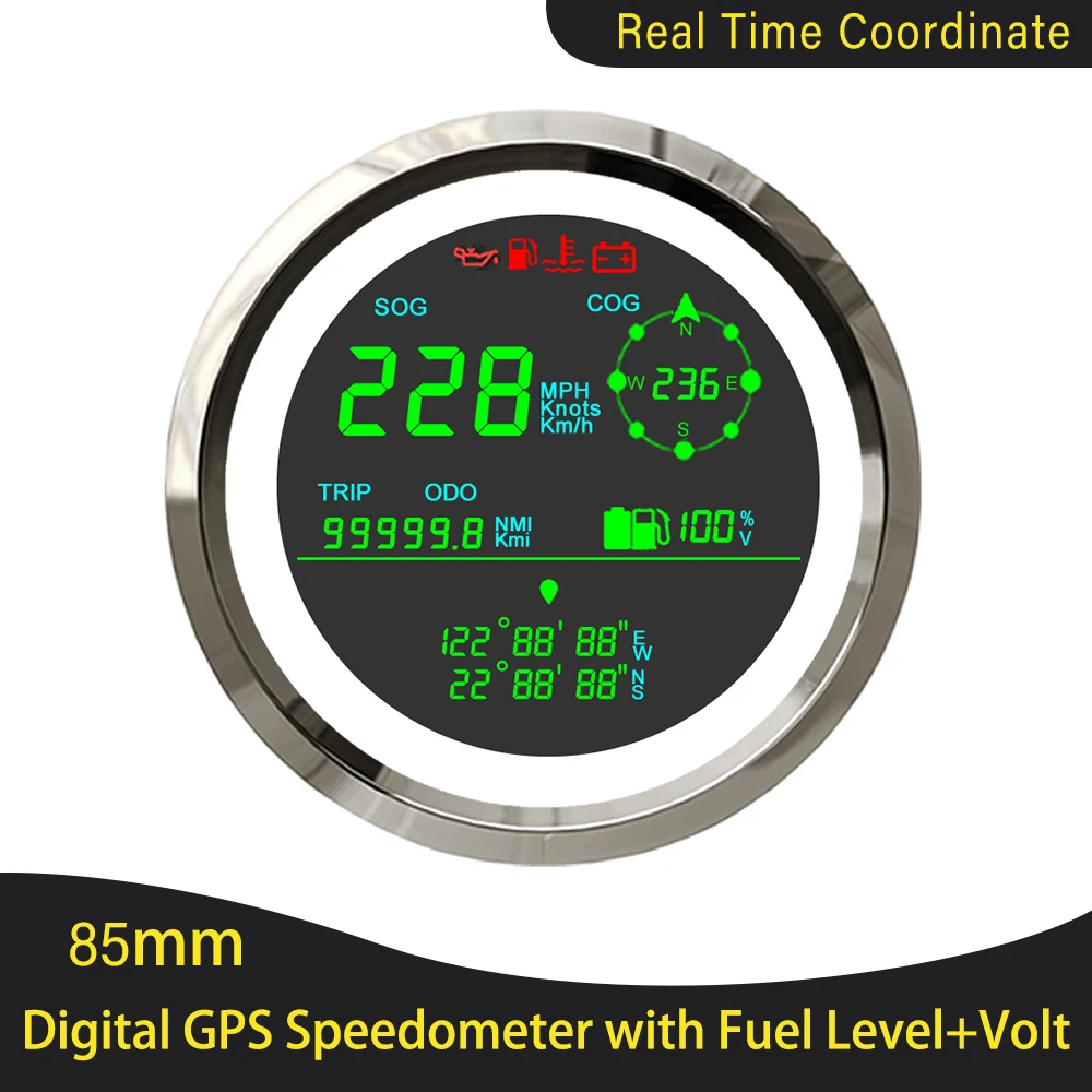 Universal LCD GPS Speedometer 85mm 0-299km/h MPH Knots ODO Trip Direction Fuel Level Voltmeter for Car Truck Motorbike Boat